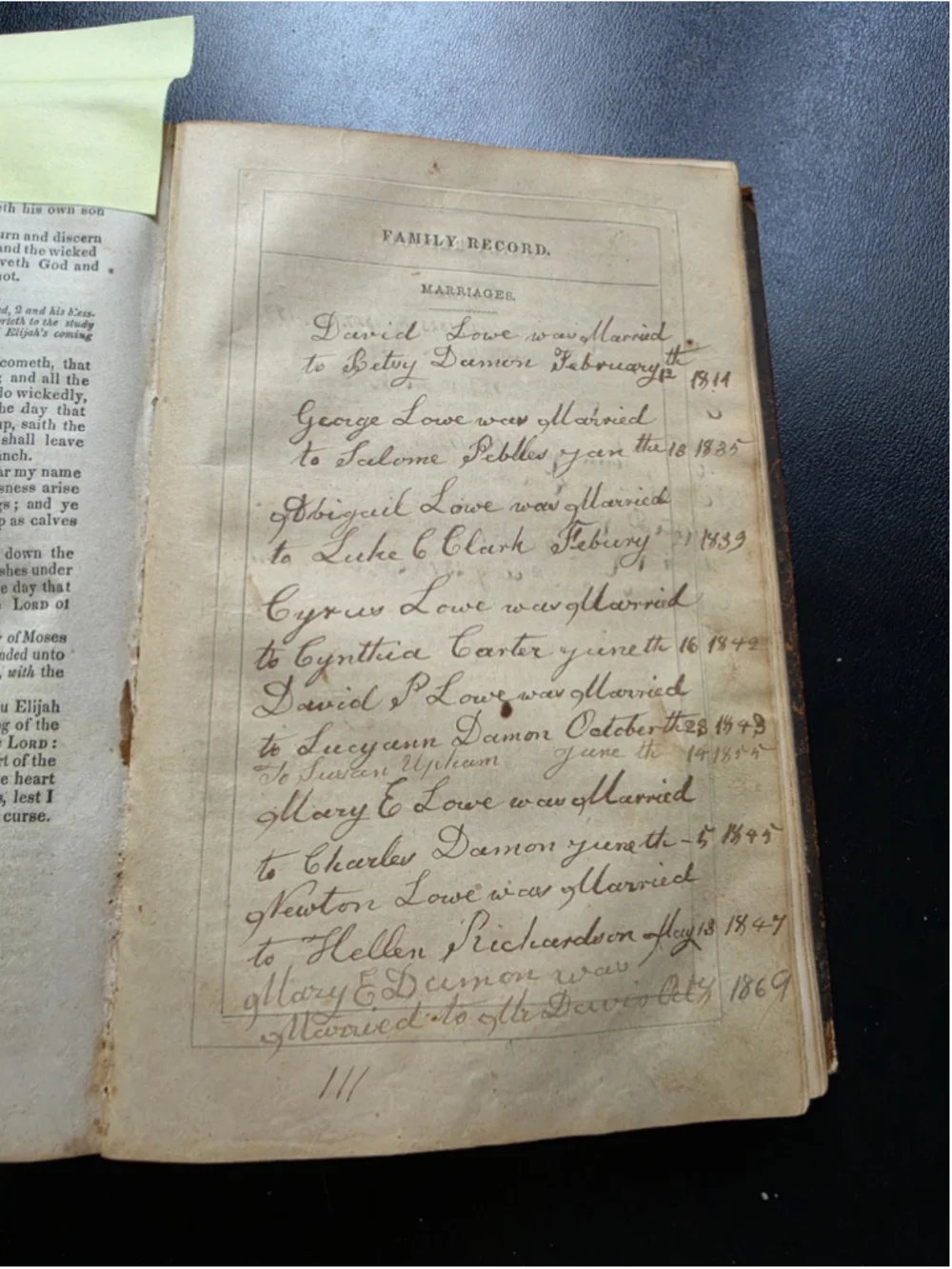 1854 Holy Bible Family Records LOWE DAMON Genealogy Pre Civil War Antique Book